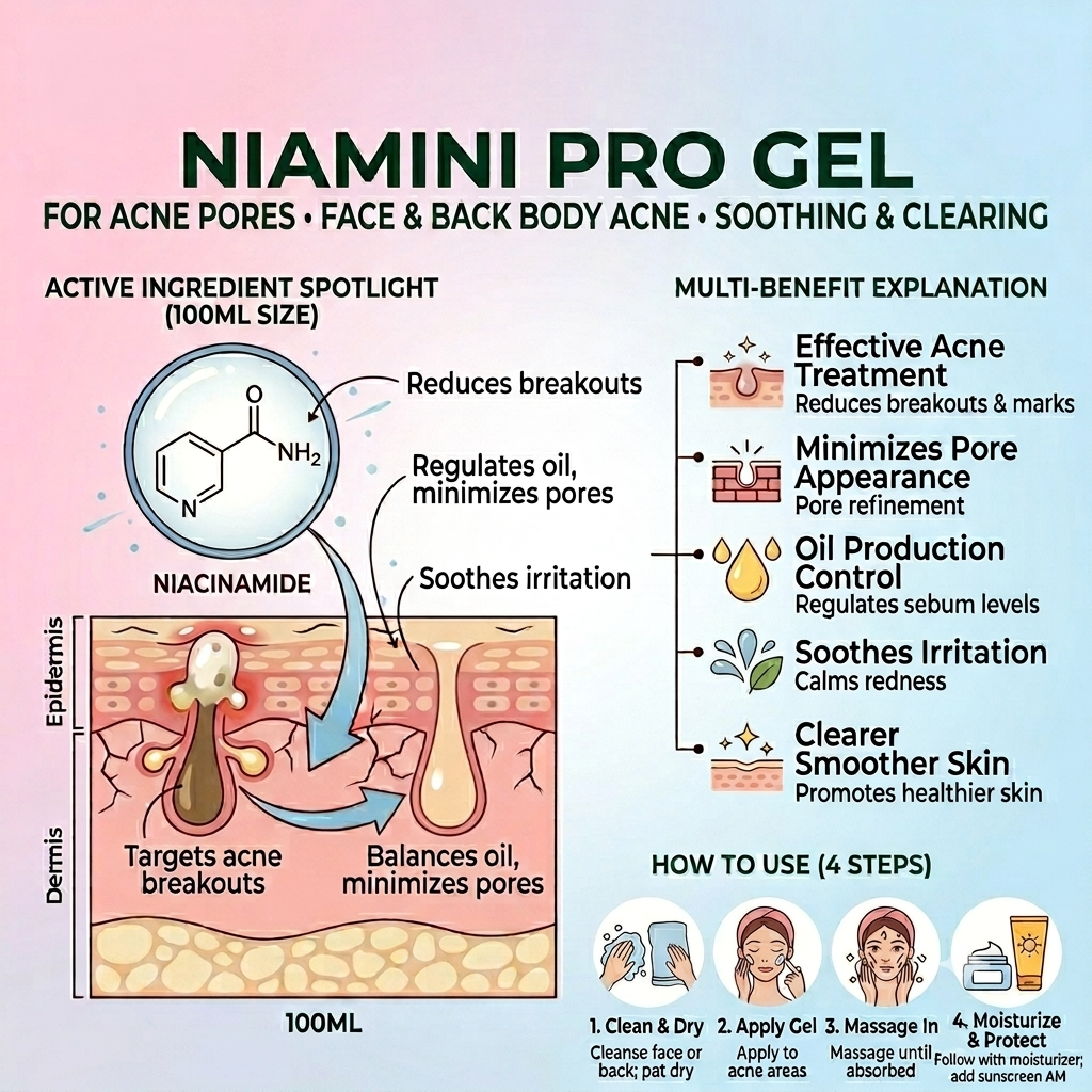 NIAMINI PRO GEL FOR ACNE & ACNE PORES 100ML – FACIAL & BACK BODY TREATMENT